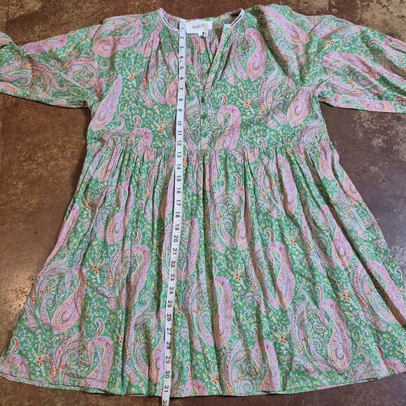 Ba&sh Lady Dress Small Green Pink Paisley V-Neck A Line 3/4 Sleeve Tiered Odeon - Picture 8 of 11